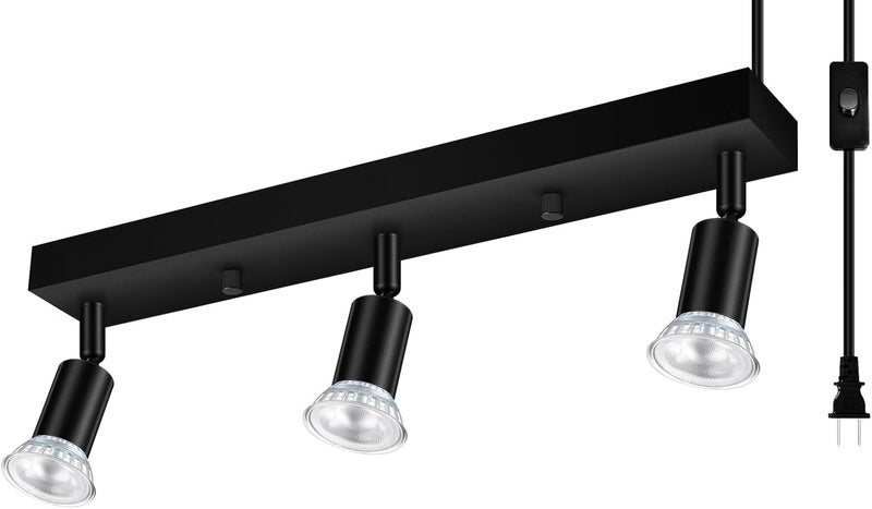 Bricosmocon Plug-in Track Lighting, LED Track Lighting Fixtures Ceiling Kit, 16" Black Plug in Wall Light with 14.8ft Cord, 3-Light Ceiling Spotlight,Rotatable Kitchen Light Head for Bedroom Hallway(GU10,NO Bulb) - Image 1